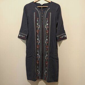 Hidden Alley Boho Gray Embroidered Shift Dress Size S, NWT, Linen Cotton Blend